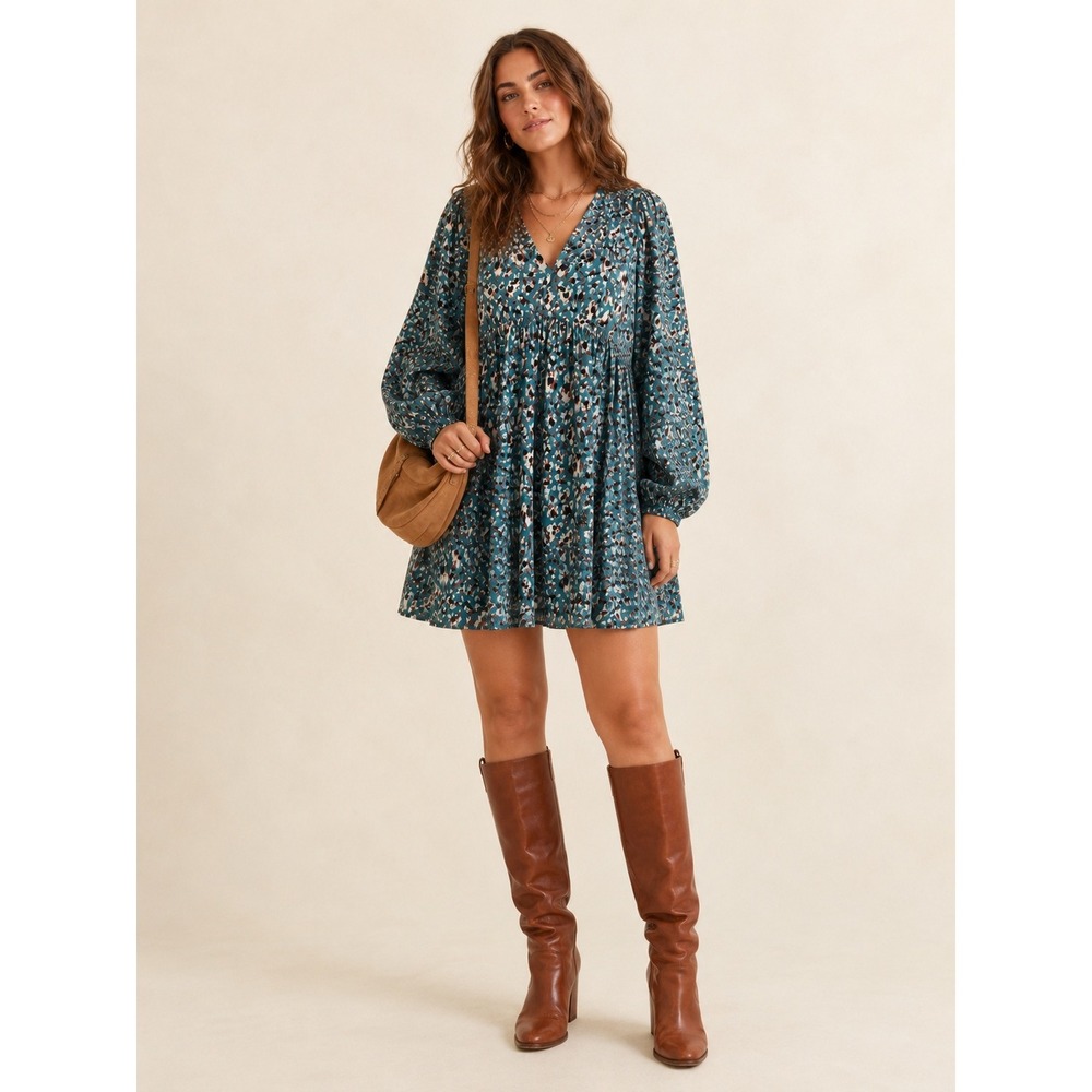 Umgee Babydoll Mini Dress S Boho Oversized Long Sleeve Flowy‎ Western